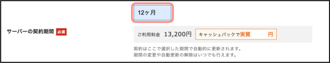 エックスサーバーの契約期間の選択画面