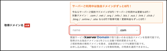 エックスサーバーのドメイン名入力画面